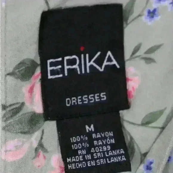 VINTAGE Erika Green Floral Short Sleeve Midi Dress Raw Hem Cottage Women Medium - Picture 6 of 13